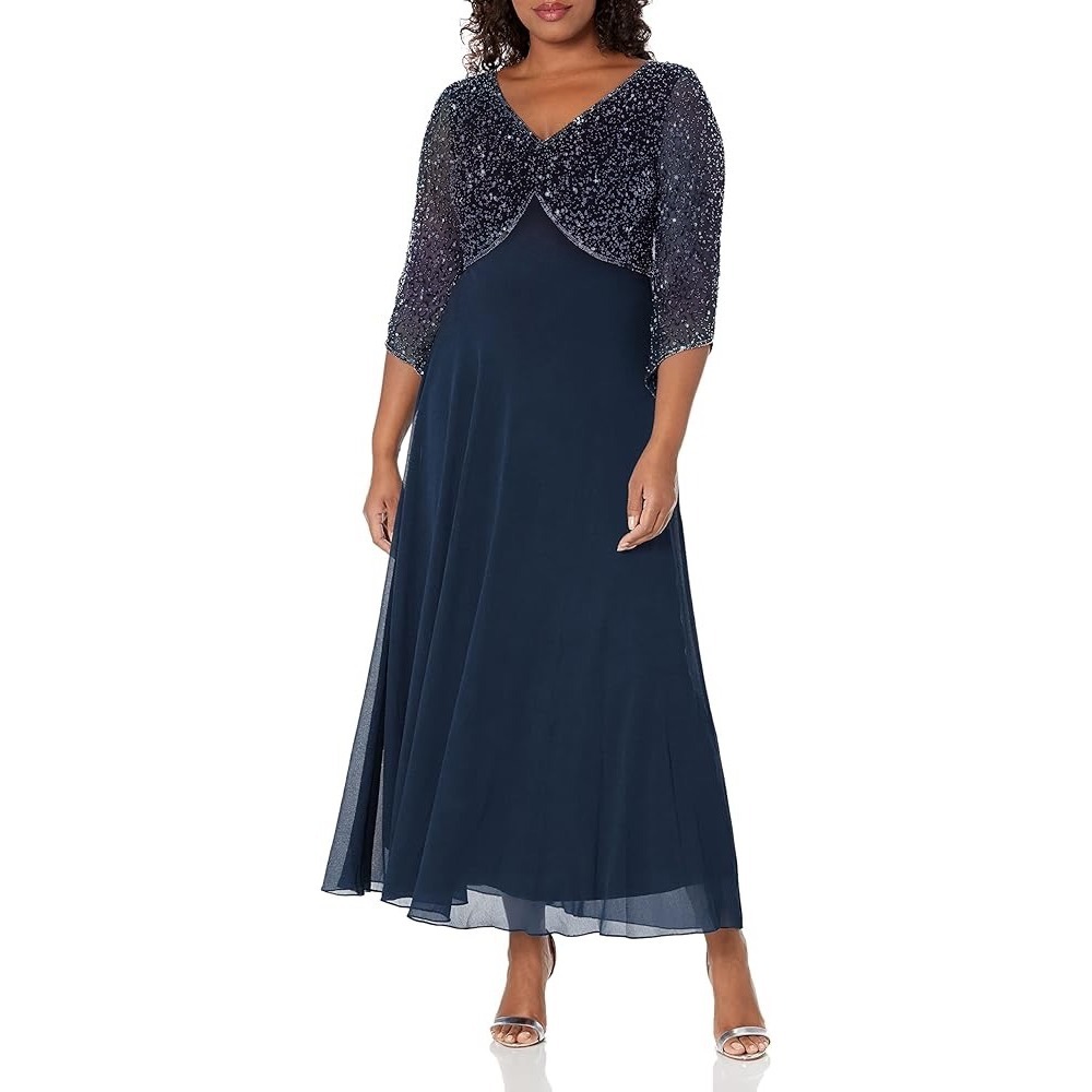 J Kara Navy Blue Beaded Mock Two-Piece Gown Dress Women's Size 16 MOTB Formal